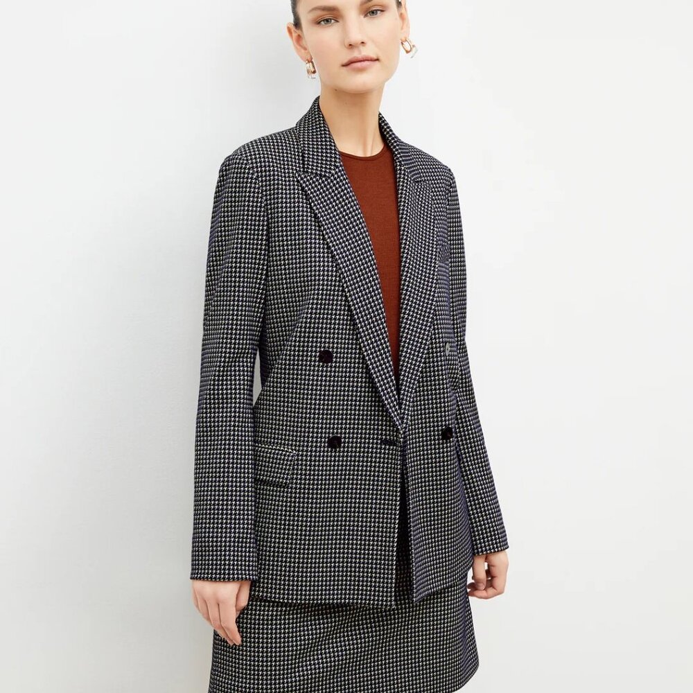 MM Lafleur Navy & White Houndstooth Double-Breasted Blazer